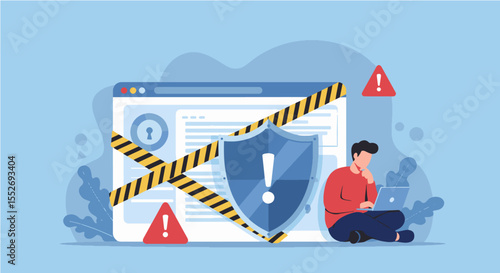 Cybersecurity Threat, Warning, and Data Protection Concept. illustration depicts a cybersecurity threat, showing warning signs, a protected browser, and a distressed user, conveying internet security