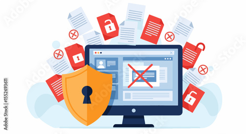Data Security Breach, Ransomware, or System Error Concept. Illustration of a data breach or error with corrupted files, a red 'X' on a monitor, and a shield.