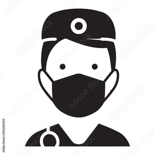 Medical professional wearing surgical mask and scrubs in a modern black and white illustration