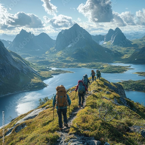 Group of hikers with backpacks and trekking poles walking on mountain trail toward snow-covered peaks and forest valley. Generative by AI.