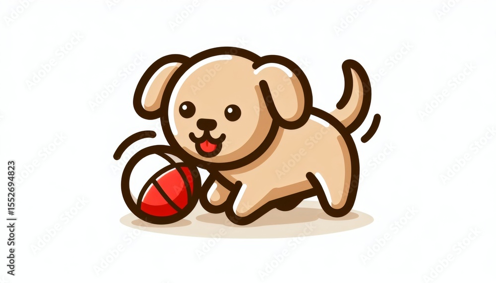 Fototapeta premium Cute Tan Puppy Playing with Red Ball Cartoon Illustration