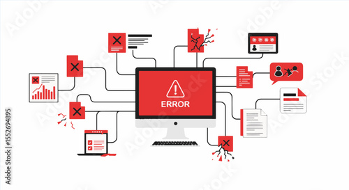 System Error, Connectivity Issues & Troubleshooting Concept. This illustration shows a computer error with a red monitor, warning signs, and disconnected components, conveying connectivity problems.