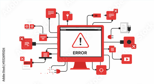 System Error, Connectivity Issues & Troubleshooting Concept. This illustration shows a computer error with a red monitor, warning signs, and disconnected components, conveying connectivity problems.