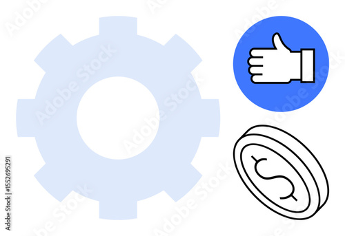 Gear symbol, thumbs-up in blue circle, and outlined dollar coin emphasize efficiency, achievement, and monetary success. Ideal for business strategy, finance, productivity, investment teamwork goal