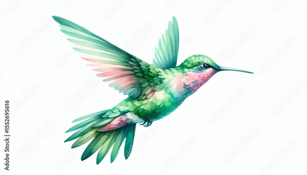 Fototapeta premium Green And Pink Hummingbird In Flight Watercolor Painting