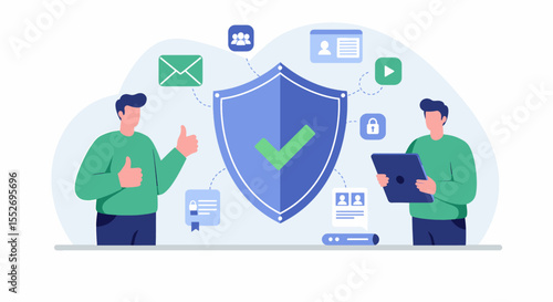 Digital Security and Data Protection with User Assurance. Digital security illustration with a central shield, secure data icons, and satisfied users.