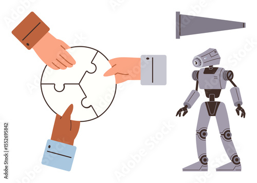 Hands assembling circular puzzle, robotic figure, and megaphone highlighting teamwork, innovation, communication, AI, robotics, technology and strategy. Ideal for partnerships education diversity