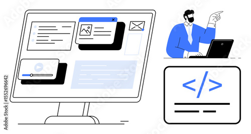 Large screen with app interface, coding tags, and multimedia, accompanied by a professional explaining ideas. Ideal for programming, coding, web development, software design, technology education IT