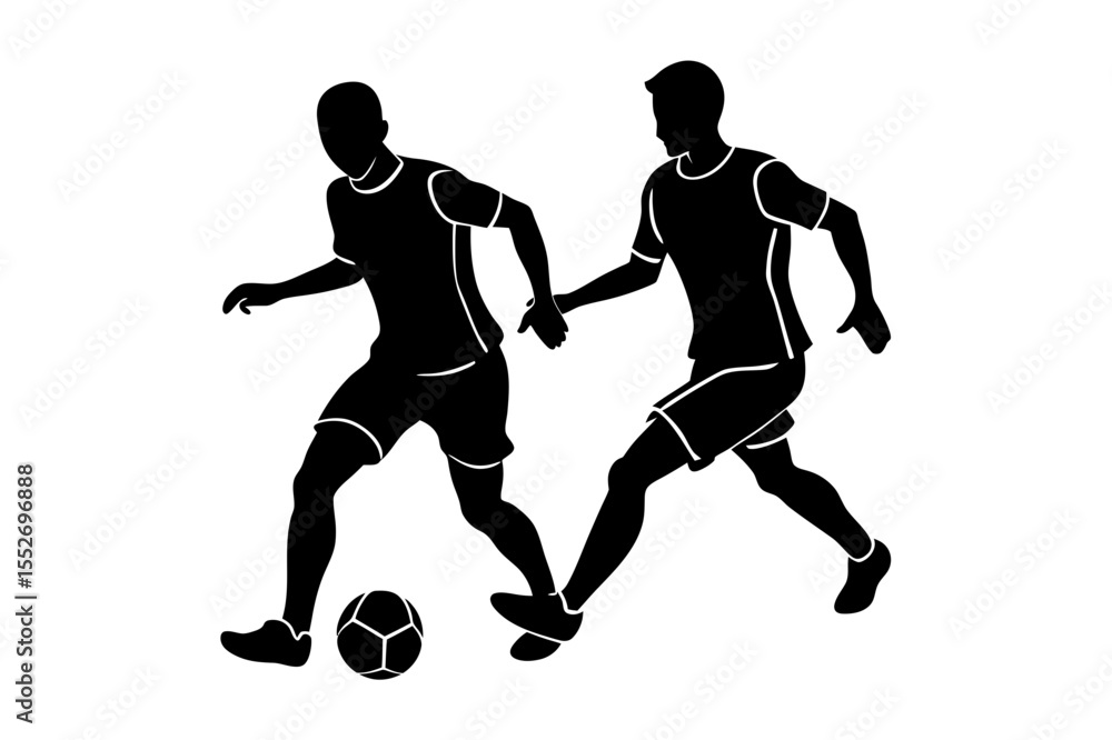 Two soccer players in silhouette dribbling a soccer ball on a white background Two soccer players in silhouette dribbling a soccer ball on a white background