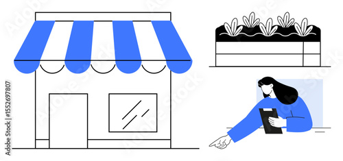 Storefront with striped awning, potted plants, and a person managing tasks with a clipboard. Ideal for retail, gardening, management, organization, marketing, local business simple landing page