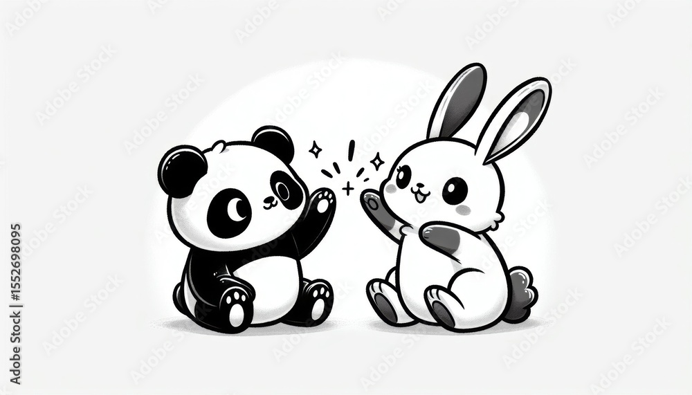 Naklejka premium Cute Panda and Rabbit High Five Pixel Art Illustration