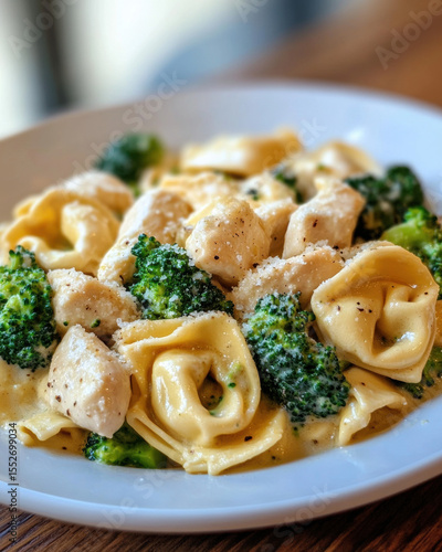 Delicious pasta dishes with broccoli cheese and pesto sauce on a plate