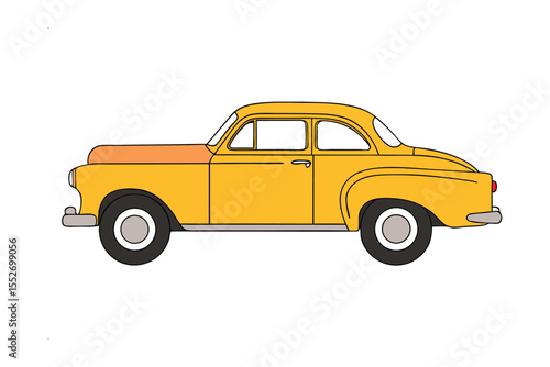 Classic Yellow Sedan: A meticulously rendered classic yellow sedan, evoking the nostalgia of vintage automotive design, is depicted in a clean, minimalist style. 