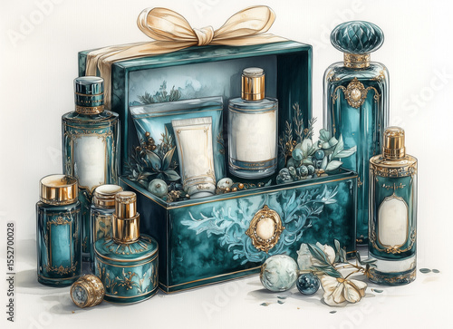 Large set of luxury royal cosmetics in a gift box in blue and gold palette. Watercolor style illustration