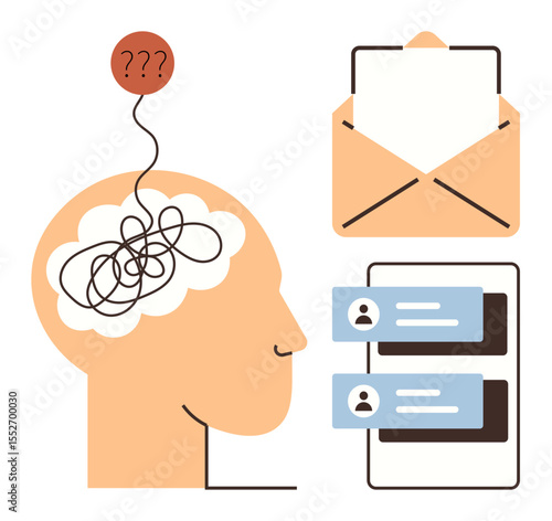 Human head with tangled lines, question mark, envelope, and chat bubbles. Ideal for mental health, stress, communication, decision-making multitasking productivity email burden. Simple flat