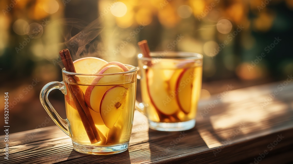 Two Glass Mugs of Hot Apple Cider with Fresh Apple Slices and Cinnamon Sticks in Autumn Sunlight Two Glass Mugs of Hot Apple Cider with Fresh Apple Slices and Cinnamon Sticks in Autumn Sunlight