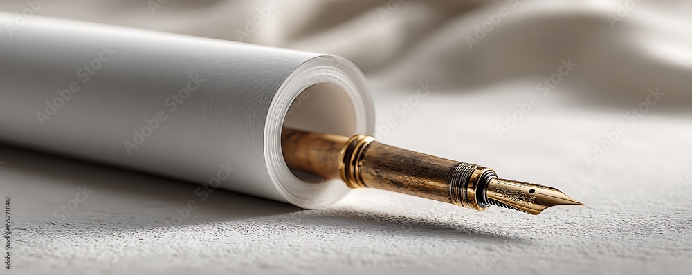 Naklejka premium Minimalist vintage scene with white paper roll soft light and old pen