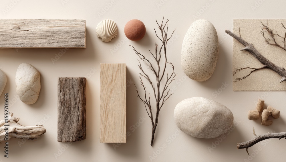 Natural elements arranged on light beige