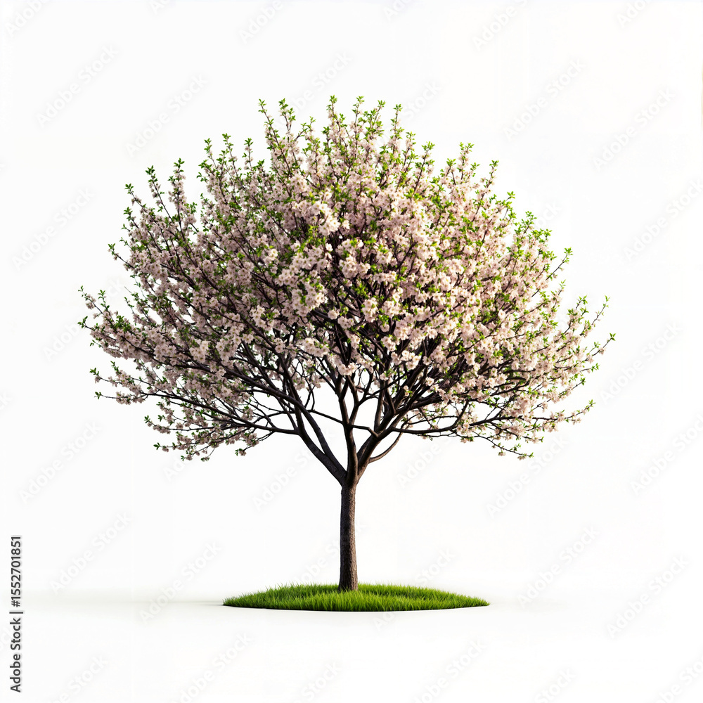 Obraz premium Apricot Blossom Tree with Pink Flowers and Young Green Buds on White Background