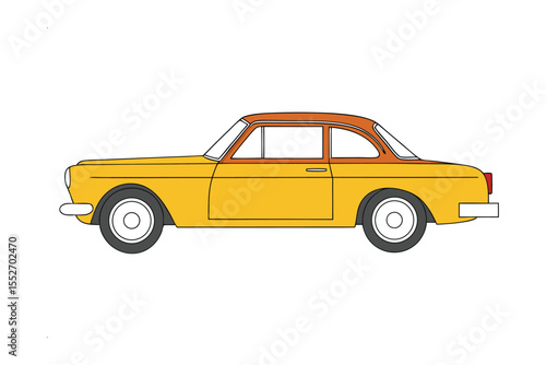 Vintage Car Illustration: A meticulously crafted illustration of a yellow vintage car with a brown roof evokes nostalgia and charm, embodying the timeless appeal of classic automobile design.