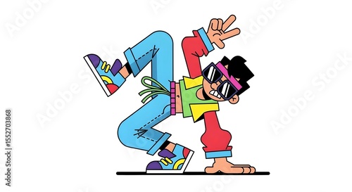 bold, flat-style cartoon break dancer character in a dynamic, exaggerated pose, pop-art illustration. 1980s, dance, expresses movement, energy, oversized clothing, sunglasses, sneakers, street dance
