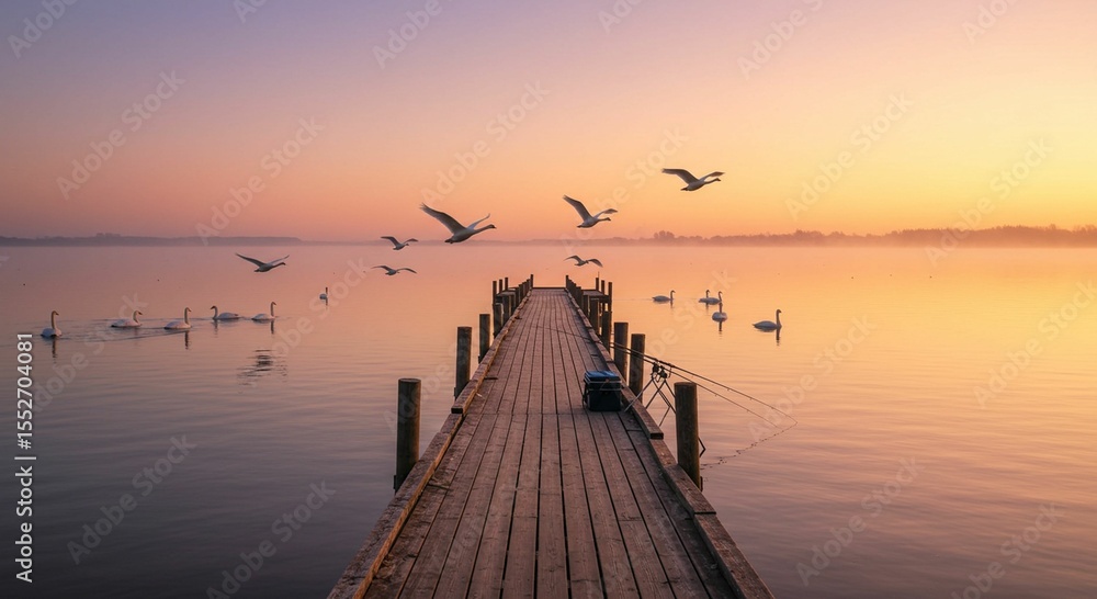 Obraz premium Sunrise over calm lake pier