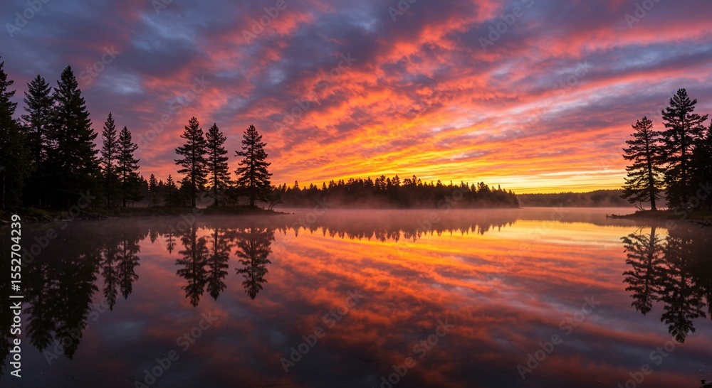 Fototapeta premium Sunrise over calm lake with silhouette trees