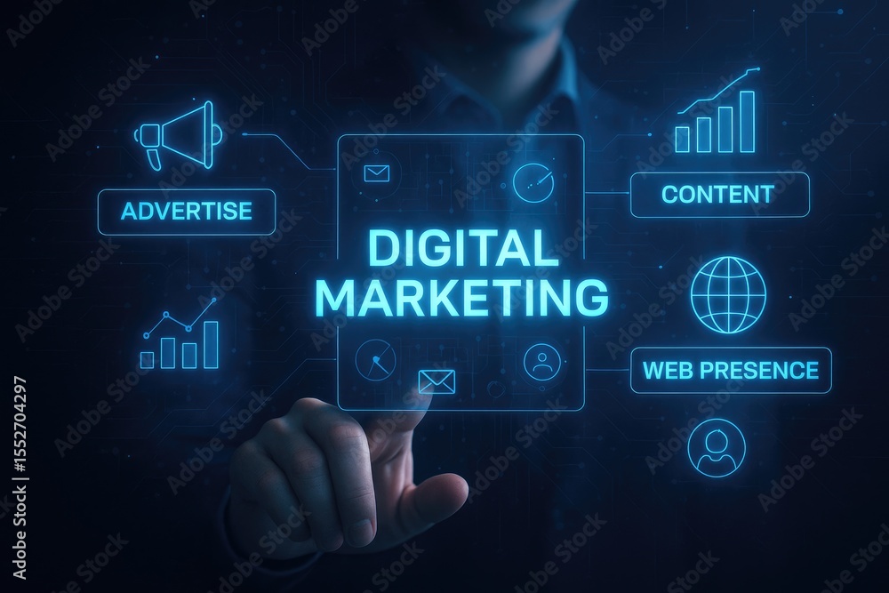 Fototapeta premium Hand Interacting with Digital Marketing Interface Showing Advertise Content Web Presence Icons Blue Background