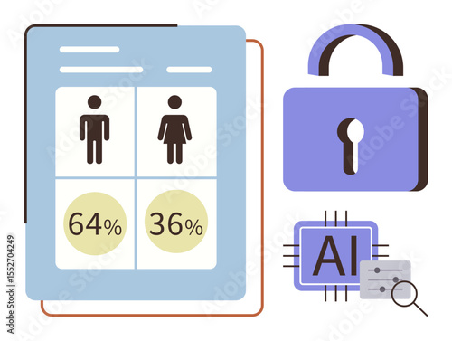 Gender analytics chart with percentages, AI chip processing data icons, lock symbolizing data security. Ideal for tech, AI, statistics, privacy, gender studies, UX design simple flat metaphor