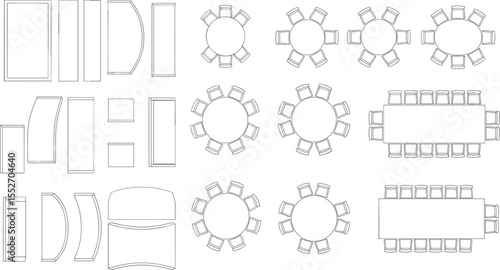 Top view furniture layout set, office and meeting table design, architectural plan symbols, vector seating arrangement, chair and table

 flat vector illustration