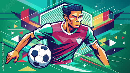 Vibrant geometric soccer player vector illustration, colorful football athlete action pose, modern sports poster svg design