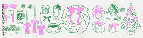 Naive holiday lineart with gifts, trees, drinks, decorations. Pastel soft pink and green color palette for seasonal branding. Cozy celebration illustration in hand drawn doodle sketch style.