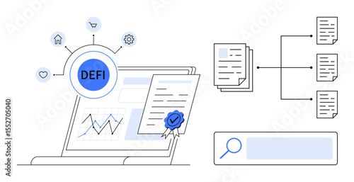 Laptop displaying DEFI with analytics, certified document, connected file structure, and search bar. Ideal for finance, blockchain, analysis, fintech, automation data linking simple landing page
