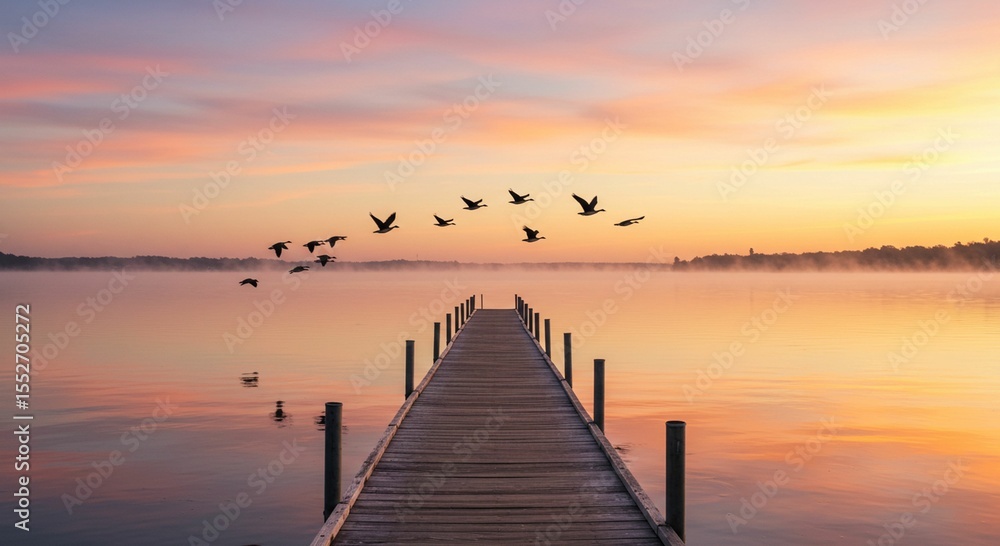Obraz premium Sunrise over lakeside pier birds