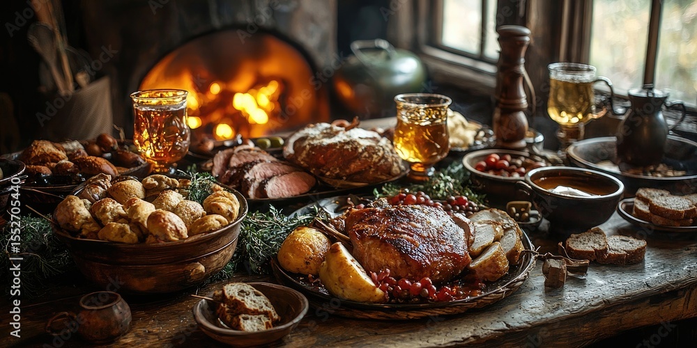 Roasted meat, bread, and assorted food with drinks served on wooden table near fireplace in cozy setting. Generative by AI. Roasted meat, bread, and assorted food with drinks served on wooden table near fireplace in cozy setting. Generative by AI.