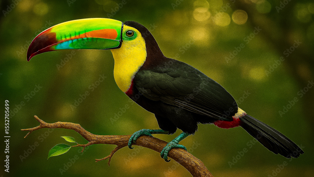 Fototapeta premium Rainbow-Billed Toucan Perched Calmly on a Tree Branch in the Tropical Forest.