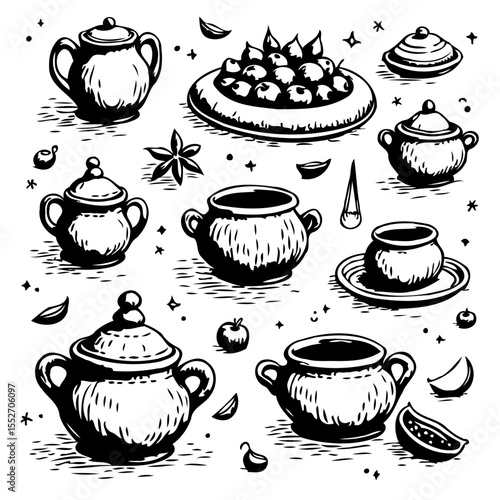 Hand-Drawn Kitchenware Collection: An Array of Rustic Teapots and Serving Dishes