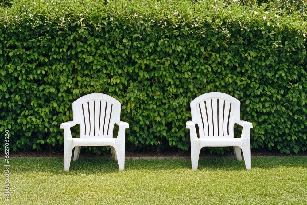 Two white plastic chairs facing a lush green hedge Two white plastic chairs facing a lush green hedge