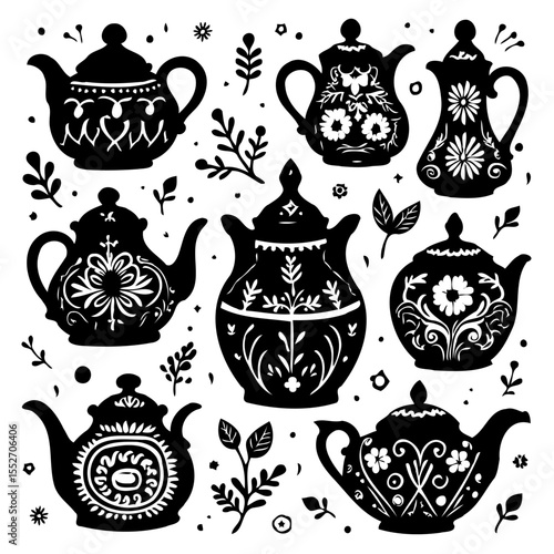 Elegant Teapot Collection: Ornate Silhouette Designs for Kitchen Decor and Tea Lovers