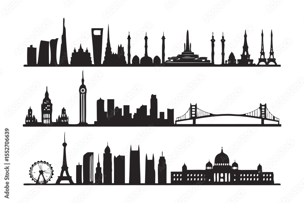 Fototapeta premium World Skyline Silhouette Collection: Capturing the essence of global cities through minimalistic silhouette, offering a sense of urban exploration, travel.