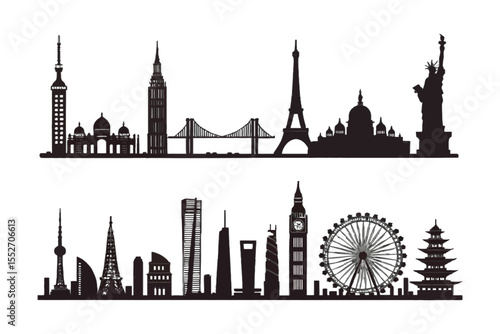 Iconic Global Skylines: A striking compilation of celebrated global cityscapes, presenting renowned architectural marvels from various continents, ideal for illustrating travel, culture.