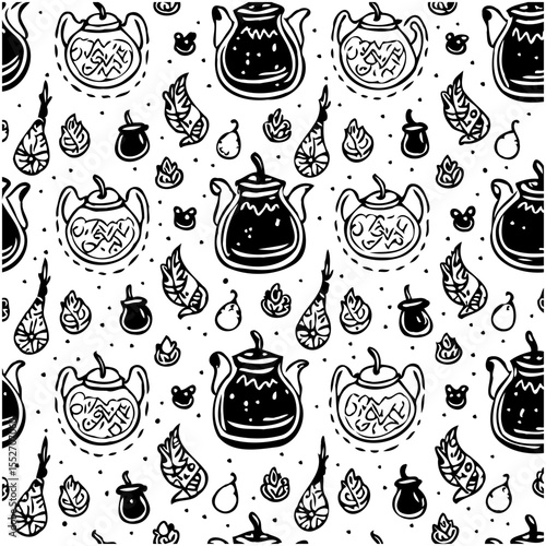 Whimsical hand-drawn teapot and botanical elements seamless pattern design illustration