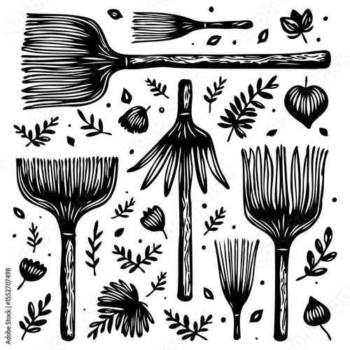 Hand-drawn floral illustrations in black and white for rustic design elements
