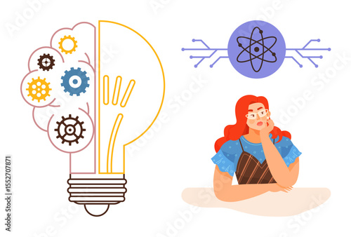 Light bulb filled with gears symbolizing ideas, woman thinking at desk, atom with circuit lines implying science. Ideal for STEM, brainstorming, creativity, problem-solving, innovation, science
