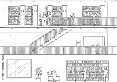 Library interior section drawing, students reading books, academic environment, bookshelf elevation, modern study area, educational architecture, quiet learning space

 flat vector illustration