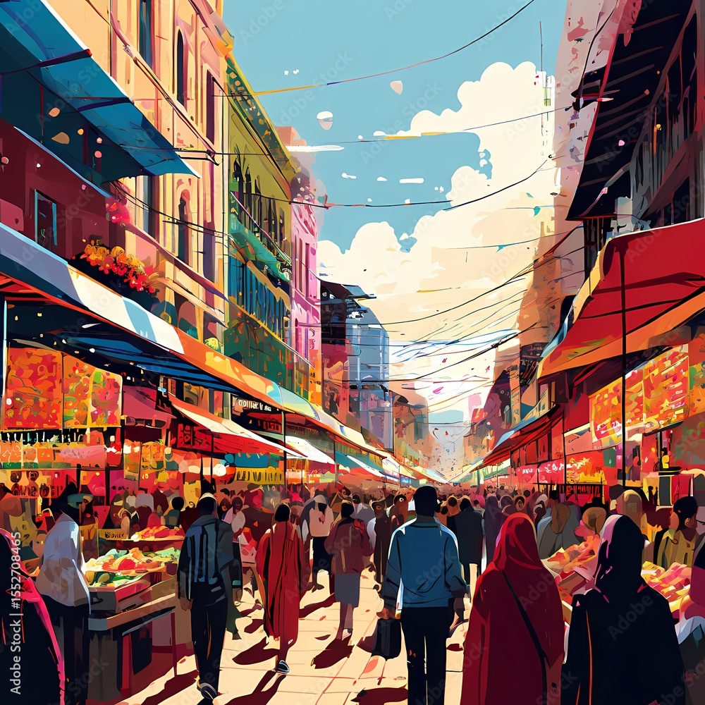 Obraz premium Busy market street with colorful stalls and diverse crowd