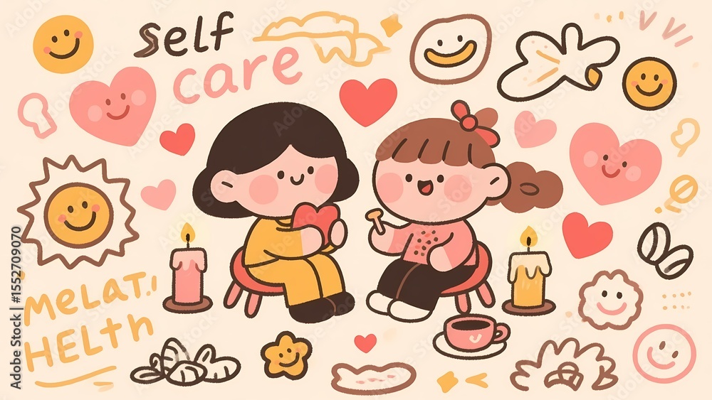 Naklejka premium Cute SelfCare Illustration with Characters and Symbols.