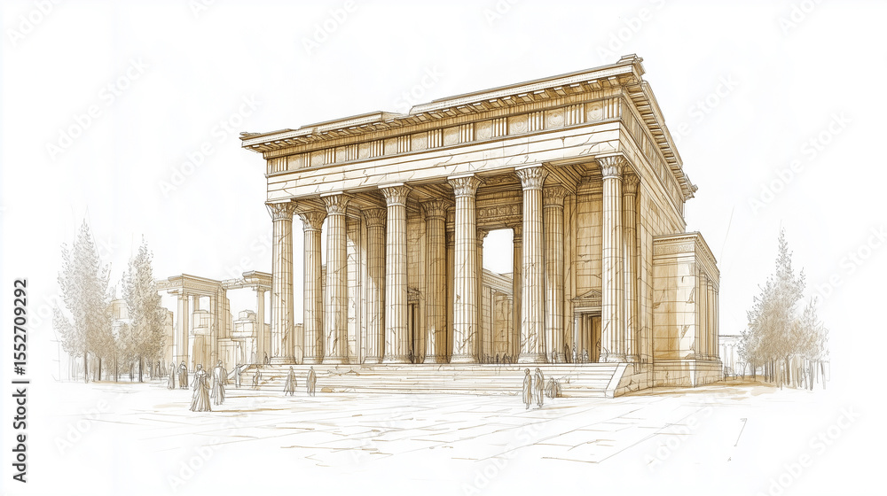 Obraz premium Ancient Greek gods and their temples, featuring detailed architectural elements and divine figures. Hand draw sketch illustration isolated on white background