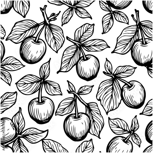Elegant cherry pattern design in black and white vintage style illustration
