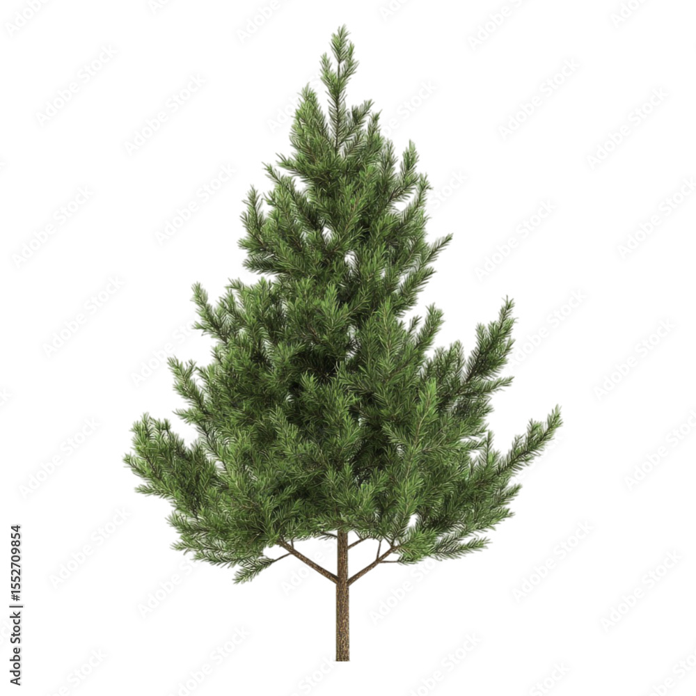 A lush green pine tree isolated on white background showing trunk and branches A lush green pine tree isolated on white background showing trunk and branches